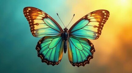 A vibrant turquoise and amber butterfly with intricate wing patterns, poised against a soft-hued background, symbolizing transformation and delicate beauty