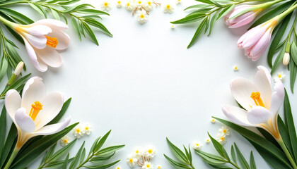 Blank space framed by white and pink flowers with green leaves and delicate accents on light background
