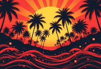 Silhouette of palm trees at sunset over ocean waves.