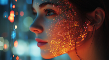 Female IT specialist learns to analyze code and data technology, cyber security, impact of artificial intelligence augmented reality, side profile, copy space. AI generation