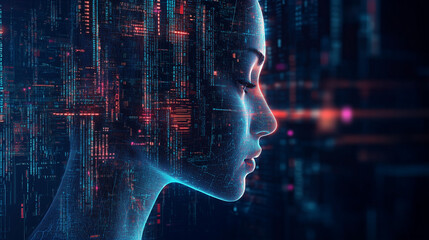 Female IT specialist learns to analyze code and data technology, cyber security, impact of artificial intelligence augmented reality, side profile, copy space. AI generation