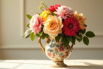 A vibrant bouquet of dahlias and roses arranged in an ornate vase, bathed in sunlight