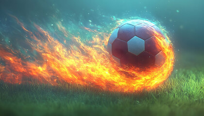 Fototapeta premium A dynamic soccer ball engulfed in flames, soaring over a lush green field during a dramatic match