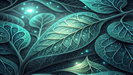 Teal Glowing Leaves Pattern