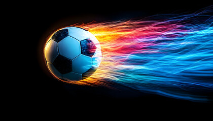 Obraz premium A dynamic soccer ball in motion, leaving a vibrant trail of colors against a dark background