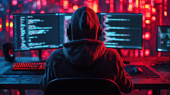 Cyber attacker targets core network systems in a dark and illuminated workspace