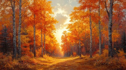 Autumnal forest path bathed in golden sunlight