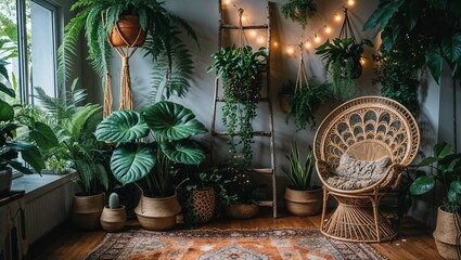 Obraz premium A lush indoor jungle with an eclectic bohemian vibe. A large monstera plant with dramatic, glossy leaves takes center stage