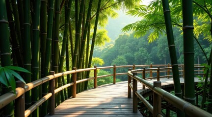Obraz premium Serene Bamboo Forest Walkway A Picturesque Wooden Path Winding Through Lush Greenery, Offering a Tranquil Escape into Nature's Embrace
