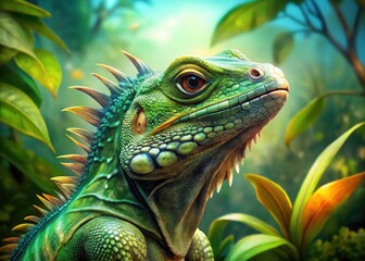 Obraz premium Vibrant Green Iguana, Colorful Reptile, Eco-Friendly Habitat, Lush Nature, Wildlife Photography