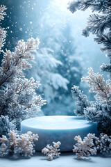 Winter Wonderland Display: A frosty winter scene, featuring snow-covered evergreen trees framing a pristine platform, bathed in the soft glow of a snowy backdrop, perfect for product showcase.