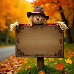 Blank wooden sign with scarecrow and colorful fall foliage , wood texture, background, blank