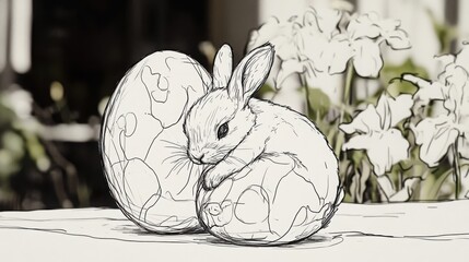 A baby bunny curled up inside a decorative Easter egg finely sketched with gentle shading. Created with generative AI.