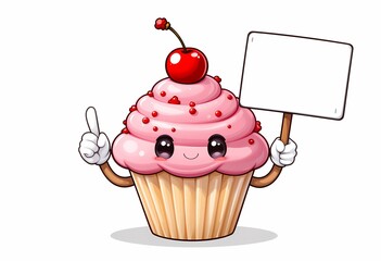 Adorable cupcake character with a blank sign. Perfect for bakery, dessert, or sweet treats.
