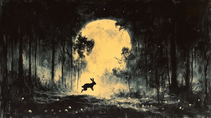 Silhouetted rabbit jumping, moonlit forest