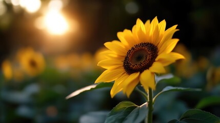 Fototapeta premium Golden sunflower in a field at sunset