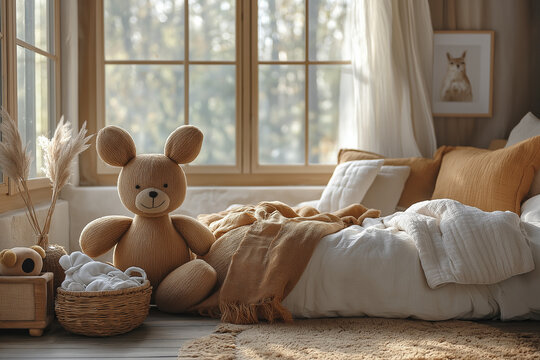 Chambre d&rsquo;enfant contemporaine minimaliste avec peluches lapin mignonne sur le lit, d&eacute;co scandinave en bois, plantes vertes, ambiance cosy et lumi&egrave;re douce naturelle