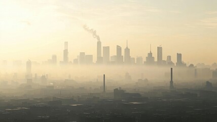 Foggy skyline over a city with tall buildings and smokestacks during early morning hours