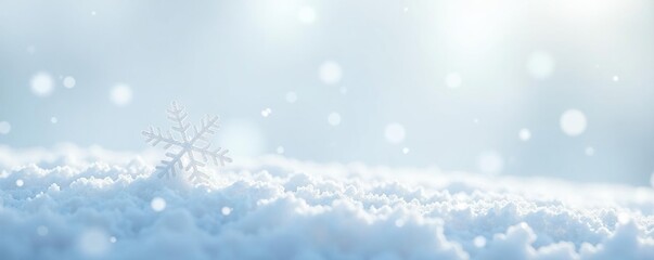 A single snowflake falls softly in the air against a vast white backdrop, peaceful, tranquil