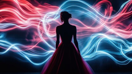 Woman in Red Dress Amidst Neon Light Trails.