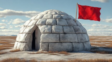Igloo on snowy plain with red flag