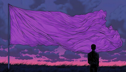 Fototapeta premium A person stands in a field at dusk, gazing at a large purple flag billowing in the wind against a vibrant sky