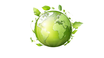 Glossy Green Earth with Vibrant Leaves Sprouting from the Surface, Isolated on a Clean White Background, Symbolizing Sustainability and Environmental Conservation