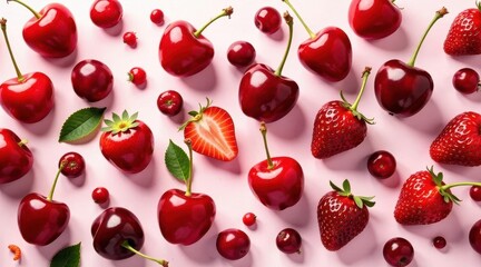 A vibrant arrangement of ripe cherries and strawberries on a pink background showcasing a delightful summer fruit pattern