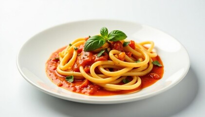Plate of fresh pasta with sauce, white backdrop , rag?, closeup, oregano