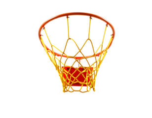 Basketball hoop with orange rim and yellow net against a transparent background
