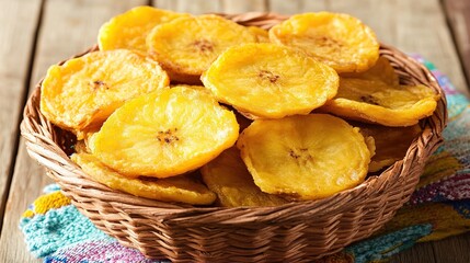 Fried plantains basket, rustic wood table, snack