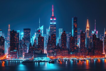 Obraz premium Futuristic Neon-Lit New York City Skyline at Night with Vibrant Reflections on Water