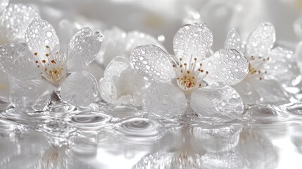 Beautiful white blossoms float serenely on shimmering water surface