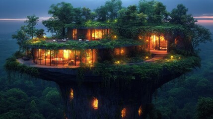 Luxurious treetop home nestled in a lush forest, illuminated at night