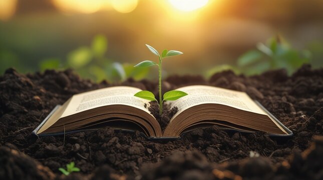 A curled book on soil symbolizes growth and knowledge, with a green plant emerging from the center, and the warm golden sunset glow contrasts with the rich soil.