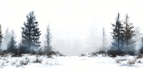 Fototapeta premium Winter Landscape: A serene winter landscape, with snow covered ground, and tall trees shrouded in a misty, frosty atmosphere