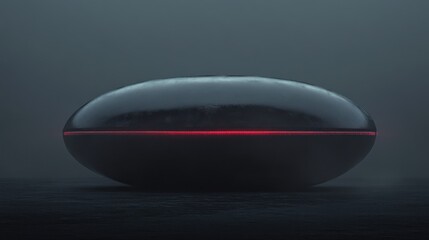 Sleek, dark, oval object with a red light. Futuristic design. Mysterious, low-lit setting