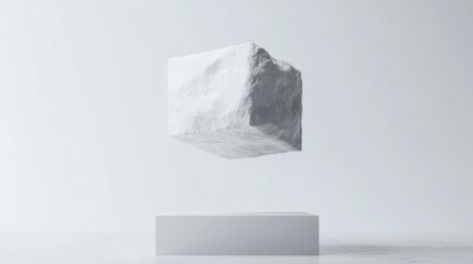 White cube floats above a simple white platform against a white background. Minimalist aesthetic