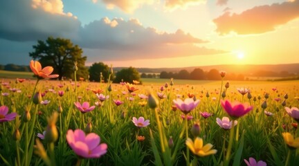 Obraz premium Serene Sunset Over a Vibrant Wildflower Meadow, Painted in Hues of Pink, Orange, and Yellow