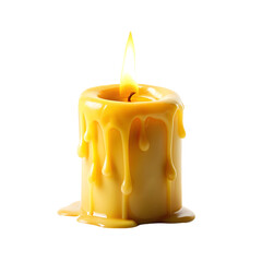 Melted wax candle burning bright yellow flame light on a transparent background