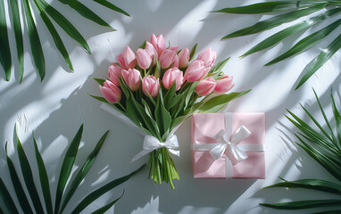 Pink Tulip Bouquet with Gift Box and Palm Leaves on White Textured Background