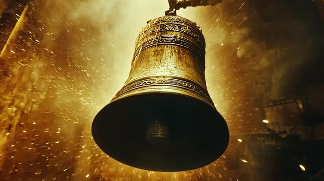 Golden bell in striking sunlight, antique metal object with intricate design