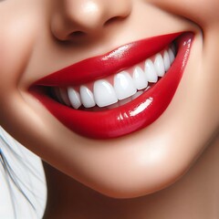 Naklejka premium Close-up of a bright, happy smile with glossy red lipstick and white teeth, highlighting beauty and dental care.