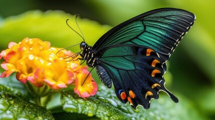 Fototapeta premium Close-Up Image of a Vibrant Butterfly Feeding on Bright Yellow Flower Petals in a Lush Green Garden