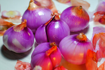 Macro Photography purple shallot close up. Shallot cloves with layered skin. Aromatic tubers with layered membranes. Studio shot. Graphic Resources. Plants Closeup. Copy space