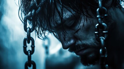 Chained, sorrowful man in dimly lit dungeon