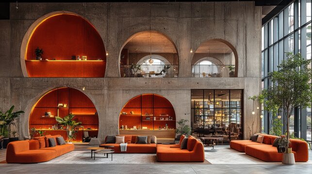 Spacious lobby with concrete walls, arched alcoves, orange seating, and abundant natural light