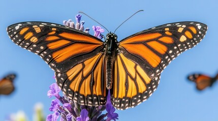 Fototapeta premium Close-Up of a Monarch Butterfly Resting on Lavender Flowers under a Clear Blue Sky