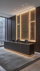 Modern office reception area with sleek dark wood paneling, illuminated wall features, and a minimalist reception desk.