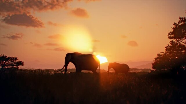 A pair of elephants, one big and one small, cross the savannah against the backdrop of a majestic African sunset. The animals cross the golden disk of the sun, capturing an amazing moment of wild life